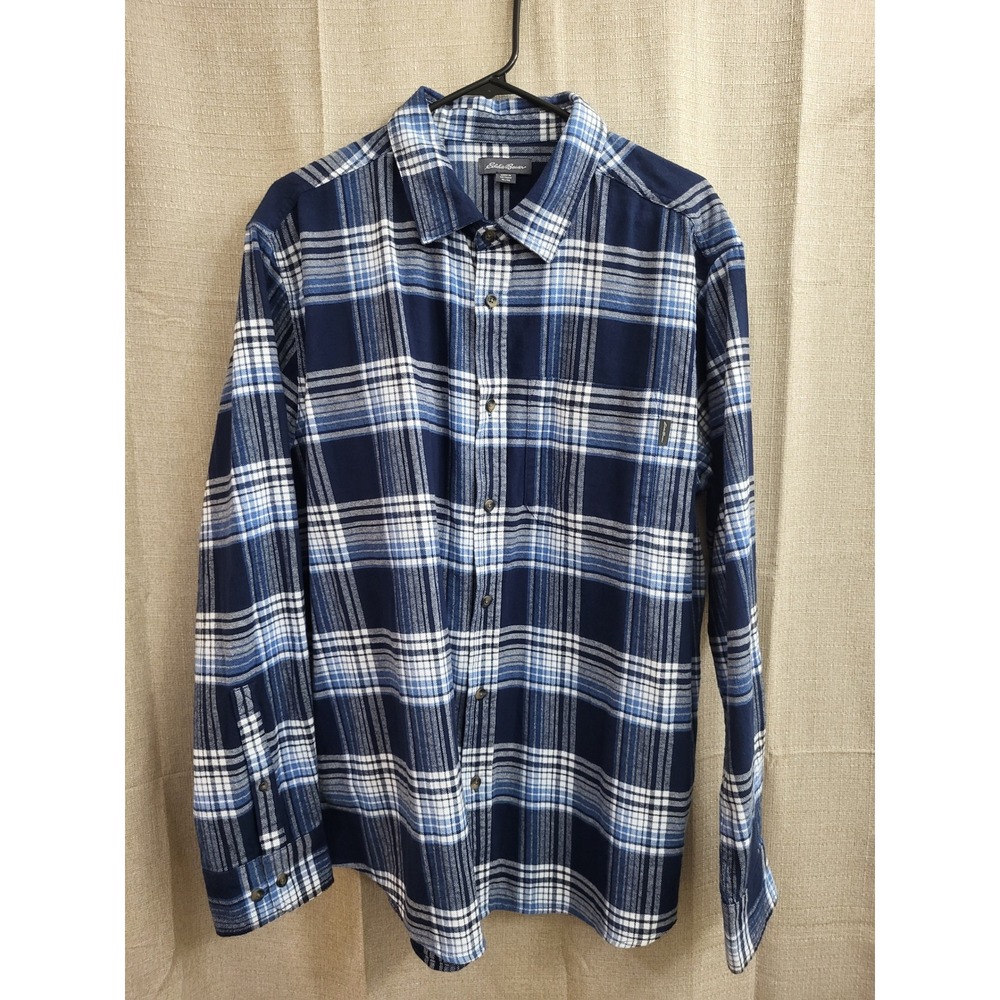 Eddie Bauer Mens XL Blue Plaid Cotton Flannel Button Down Shirt Gorp Dad Cozy